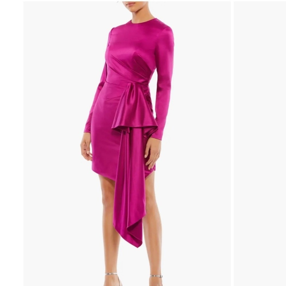 Ieena for Mac Duggal‎ Magenta Asymmetrical Draped Long Sleeve Mini Dress 4 26644